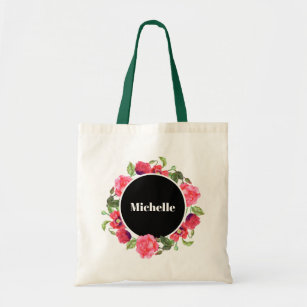 Watercolor Red Poppies Pink Roses Circle Wreath Tote Bag