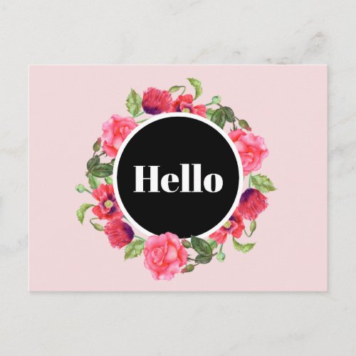 Watercolor Red Poppies Pink Roses Wreath Circle Postcard