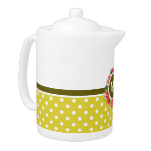 Watercolor Red Poppies Pink Roses Wreath Monogram Teapot