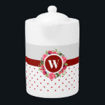 Watercolor Red Poppies Pink Roses Wreath Monogram Teapot<br><div class="desc">Designed based on my watercolor illustration of red poppies and pink rose. A beautiful circle arrangement of delicate summer cottage garden flowers with monogram in the center and red and white polka dots pattern on the lower side. Customizable in Zazzle with your own initial for a personalized design. Check out...</div>