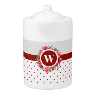 Watercolor Red Poppies Pink Roses Wreath Monogram Teapot