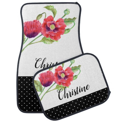 Watercolor Red Poppies Shabby Chic Polka Dots Car Floor Mat