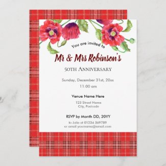 Watercolor Red Poppies Tartan Anniversary Party Invitation