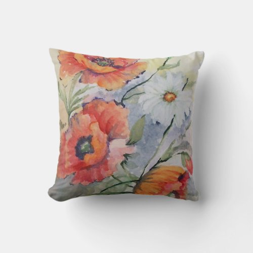 Watercolor red poppies throw pillow