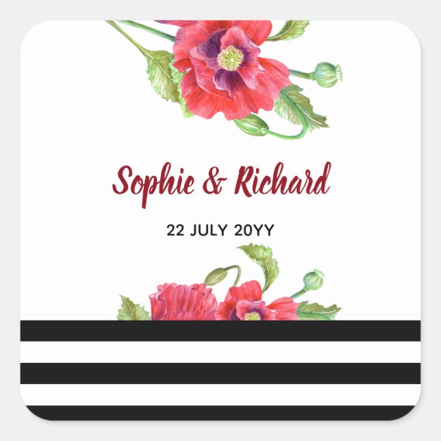 Watercolor Red Poppies Wild Floral Wedding Square Sticker (Front)