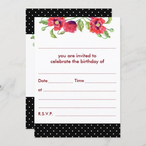 Watercolor Red Poppies Wildflower Polka Dots Invitation