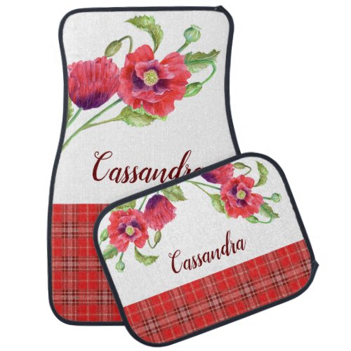 Watercolor Red Poppies with Red Tartan Pattern Car Floor Mat