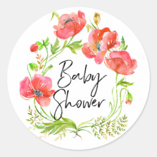 Watercolor Red Poppies Wreath Baby Shower Classic Round Sticker