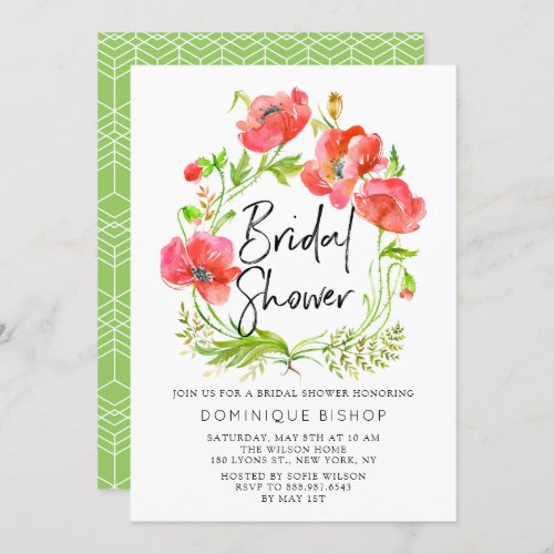 Watercolor Red Poppies Wreath Bridal Shower Invitation