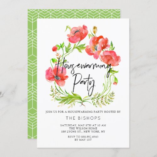 Watercolor Red Poppies Wreath Housewarming Party Invitation