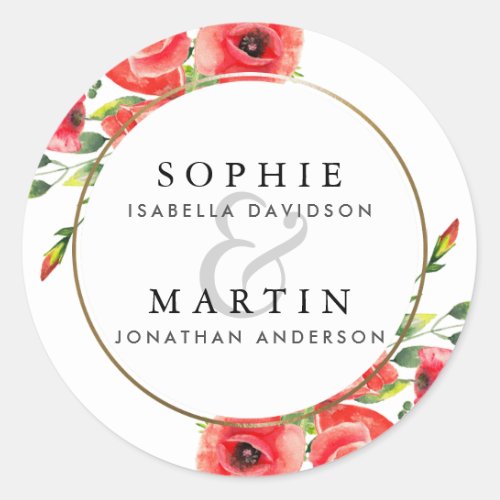 Watercolor Red Poppies Wreath Wedding Classic Round Sticker