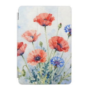 Watercolor Red Poppy Blue Cornflower Bouquet iPad Mini Cover