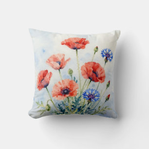 Watercolor Red Poppy Blue Cornflower Bouquet Throw Pillow