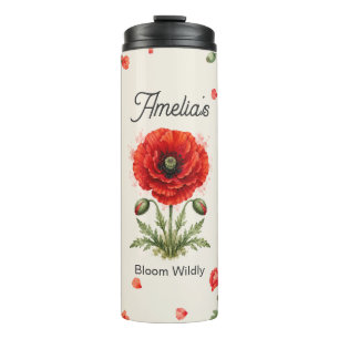 Watercolor Red Poppy Floral Monogram Botanical Art Thermal Tumbler