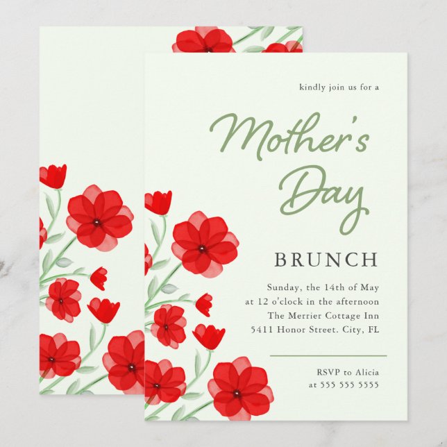 Watercolor Red Poppy Floral Mother's Day Brunch Invitation (Front/Back)