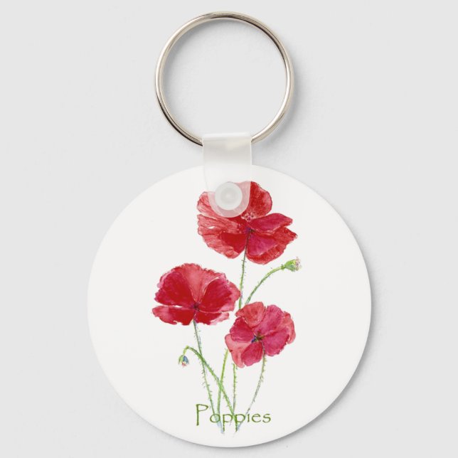 Watercolor Red Poppy Flower Floral Painting Keychain (Front)