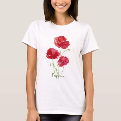 Watercolor Red Poppy Flower Floral Painting T_Shirt