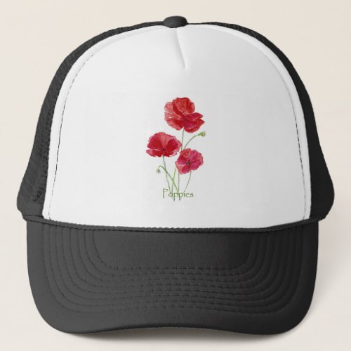 Watercolor Red Poppy Flower Floral Painting Trucker Hat