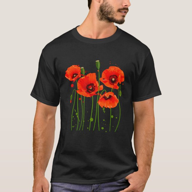 Watercolor Red Poppy Flower Gardening Plants T-Shirt (Front)