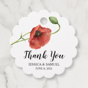Watercolor Red Poppy Flower Wedding Thank You Favor Tags