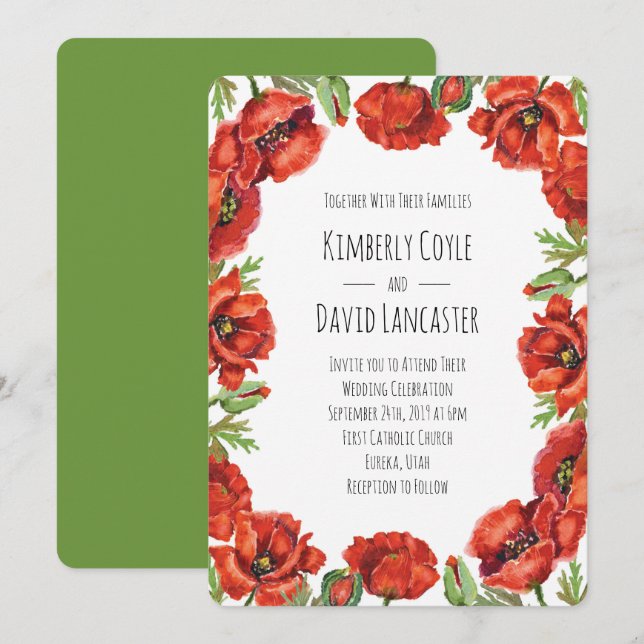 Watercolor Red Poppy Flowers 2 Invitation (Front/Back)