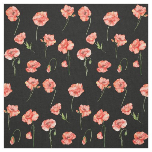 Watercolor Red Poppy Flowers Floral Black Fabric
