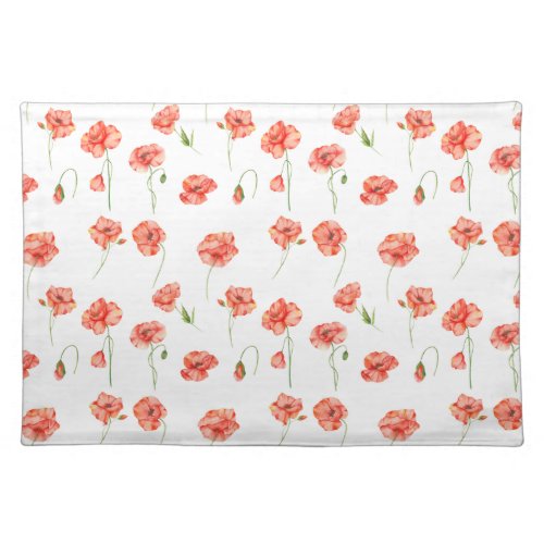 Watercolor Red Poppy Flowers Floral Cloth Placemat