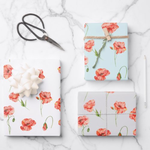 Watercolor Red Poppy Flowers Floral Wrapping Paper Sheets