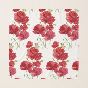 Watercolor Red Poppy flowers & Hummingbird bird Scarf