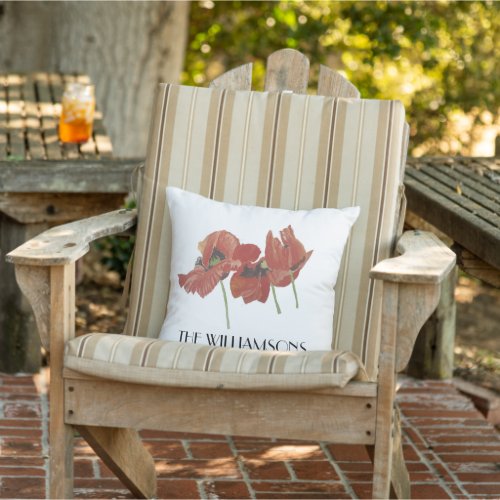 WATERCOLOR RED POPPY FLOWERS NAME OUTDOOR PILLOW