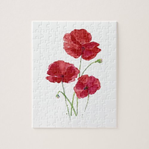 Watercolor Red Poppy Garden Flower Floral art Jigsaw Puzzle