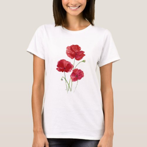 Watercolor Red Poppy Garden Flower Floral art T_Shirt