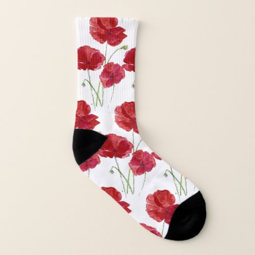 Watercolor Red Poppy Garden Flower Pattern Socks