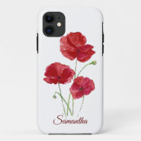 Watercolor Red Poppy Garden Flowers Custom Name