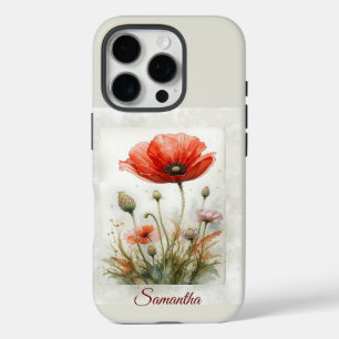 Watercolor Red Poppy Garden Flowers Custom Name iPhone 16 Pro Case