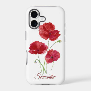 Watercolor Red Poppy Garden Flowers Custom Name iPhone 17 Case