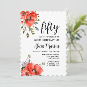Watercolor Red Poppy Greenery 50th Birthday Invitation