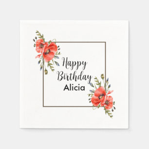 Watercolor Red Poppy Greenery 50th Birthday Napkins