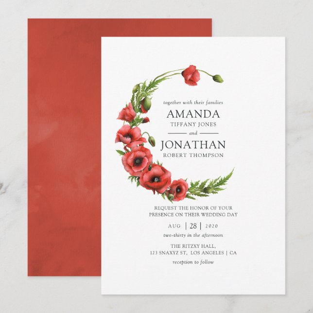 Watercolor Red Poppy Rustic Country Wedding Invitation (Front/Back)