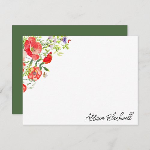 Watercolor Red Poppy Wildflower Personalized Name Note Card