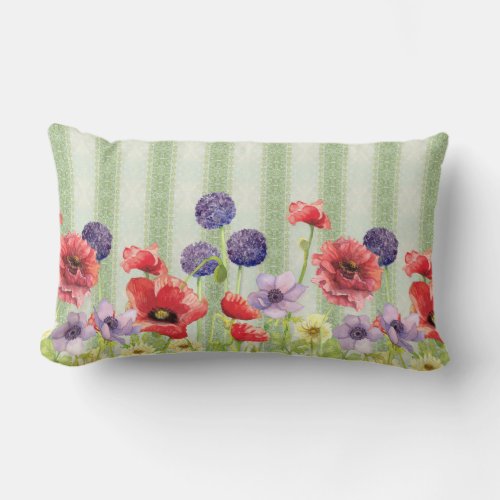 Watercolor Red Poppy Wildflower Stripe Art Mint Lumbar Pillow