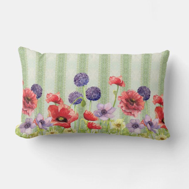 Watercolor Red Poppy Wildflower Stripe Art Mint Lumbar Pillow (Front)