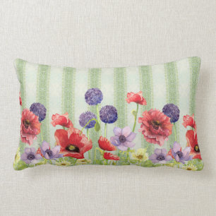 Watercolor Red Poppy Wildflower Stripe Art Mint Lumbar Pillow