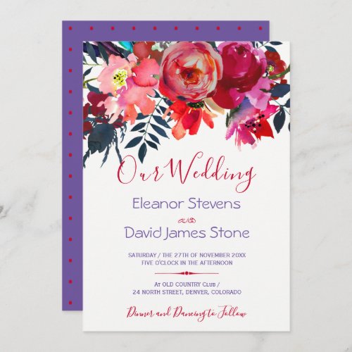 Watercolor red purple peony bouquet wedding invitation