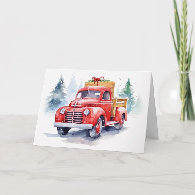 Watercolor Red Retro Christmas Truck Holiday Card (Front)