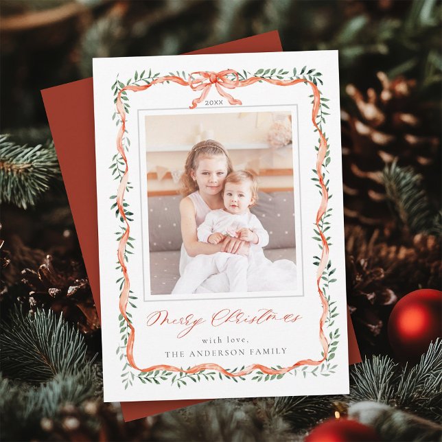 Watercolor Red Ribbon Bow Frame photo Christmas Holiday Card (Creator Uploaded)
