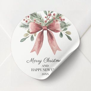 Watercolor Red Ribbon Bow Holly Simple Christmas Classic Round Sticker