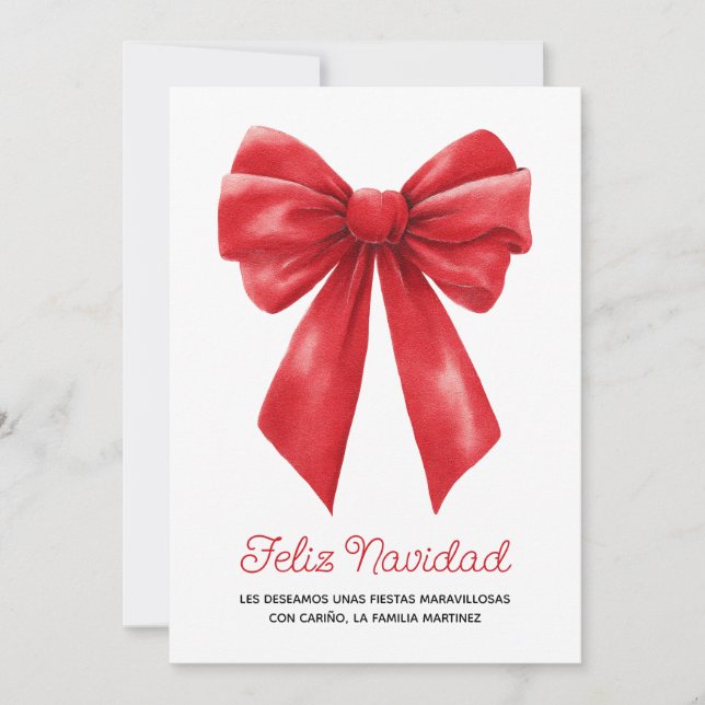 Watercolor Red Ribbon Feliz Navidad Holiday Card (Front)