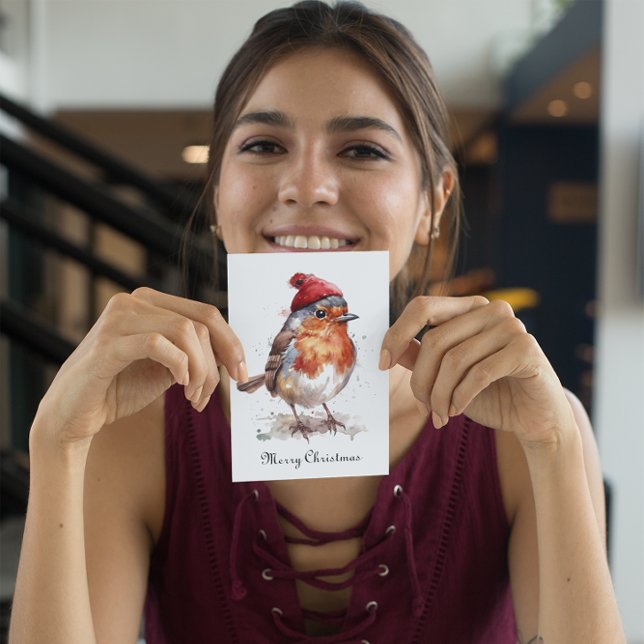 Watercolor Red Robin Winter Beanie Christmas Card (Creator Uploaded)