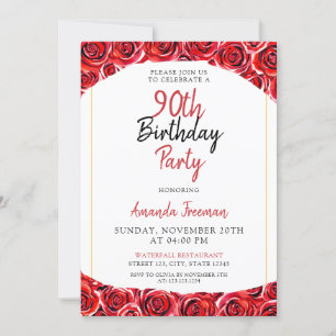 Watercolor Red Rose 90th Birthday Invitation